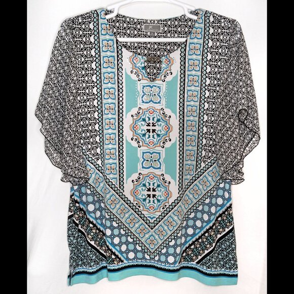 Fluttery JM COLLECTION XL Aqua, Turquoise & Black Batwing Sleeve Stretch Blouse - Picture 2 of 5